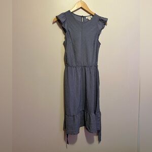 Monteau Navy Pinstripe Flutter Sleeve Midi Dress Tie Waist Ruffle Hem Stretch